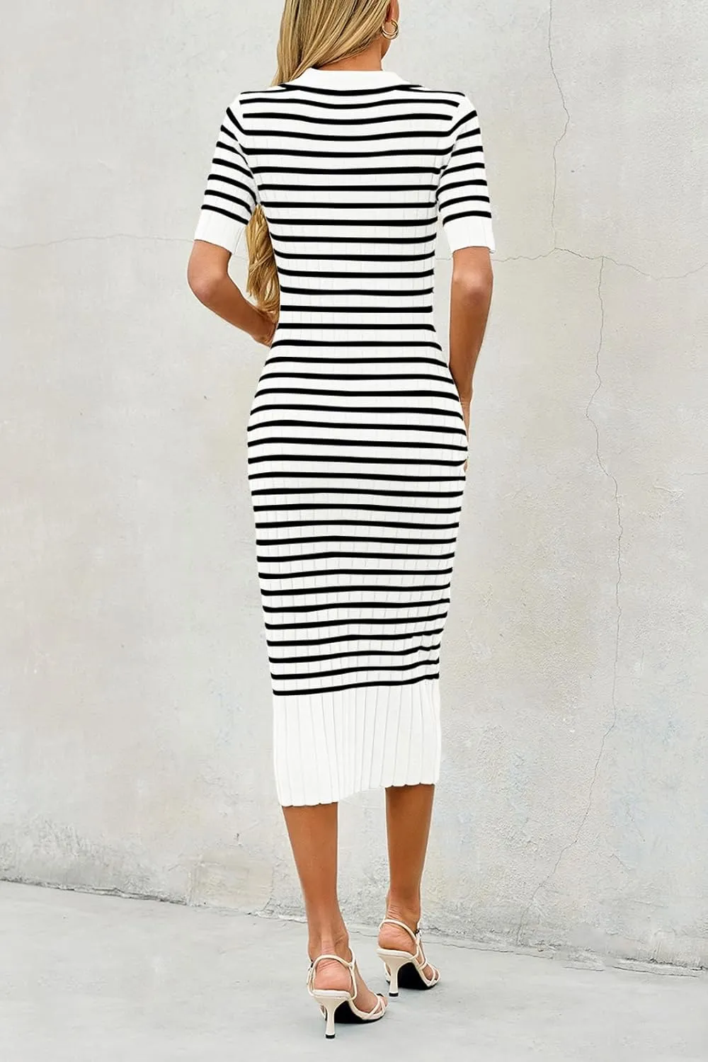 Saodimallsu Womens Bodycon Long Knit Dresses Summer Short Sleeve Striped V Neck Polo Elegant Midi Sweater Dress