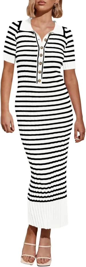 Saodimallsu Womens Bodycon Long Knit Dresses Summer Short Sleeve Striped V Neck Polo Elegant Midi Sweater Dress
