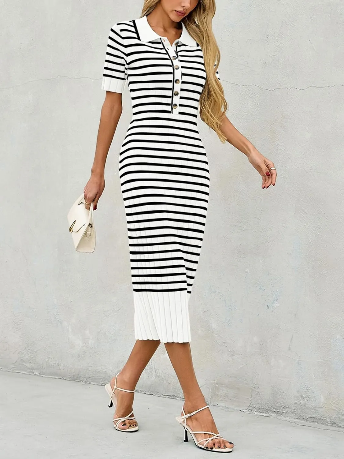 Saodimallsu Womens Bodycon Long Knit Dresses Summer Short Sleeve Striped V Neck Polo Elegant Midi Sweater Dress