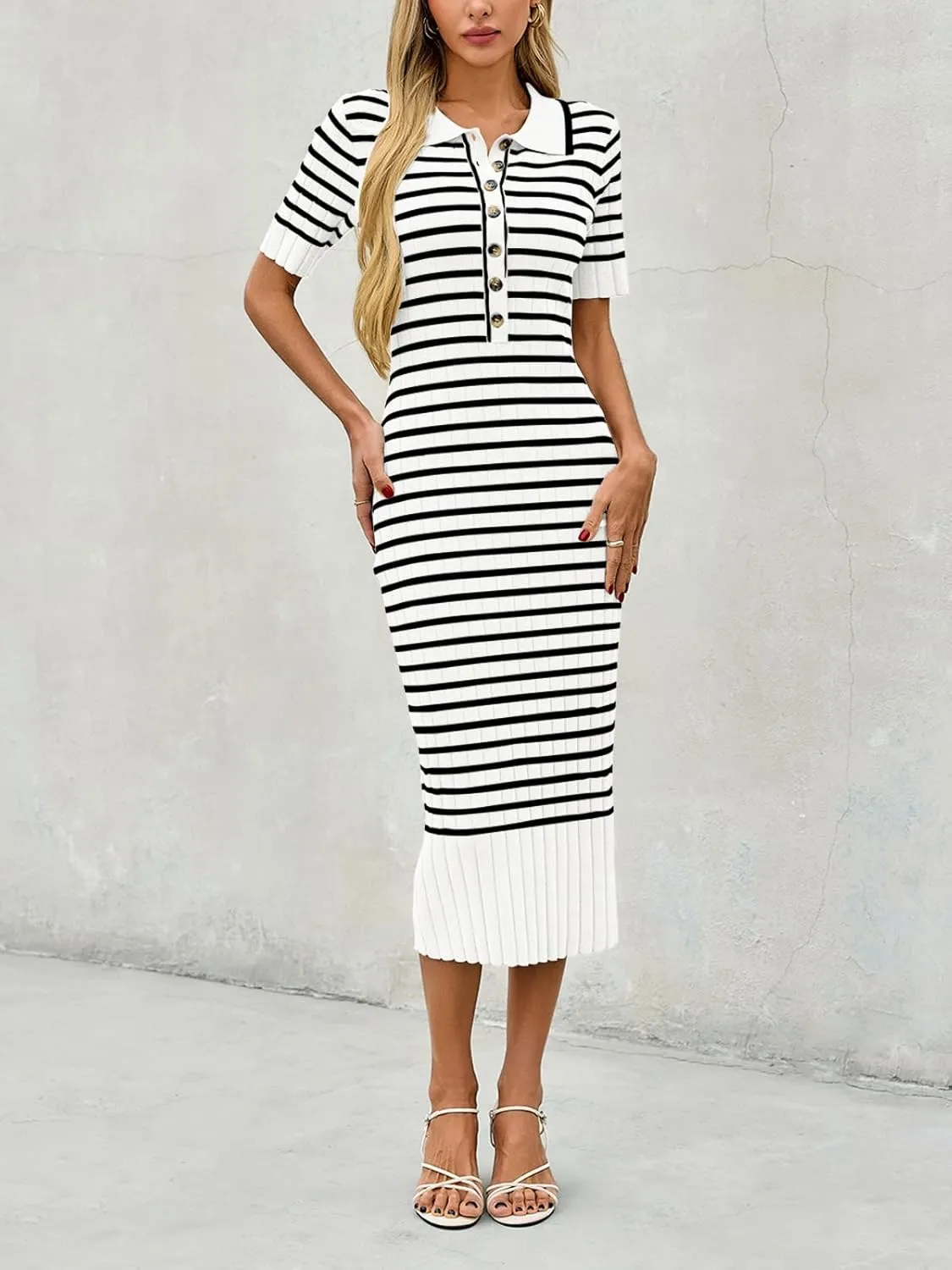 Saodimallsu Womens Bodycon Long Knit Dresses Summer Short Sleeve Striped V Neck Polo Elegant Midi Sweater Dress