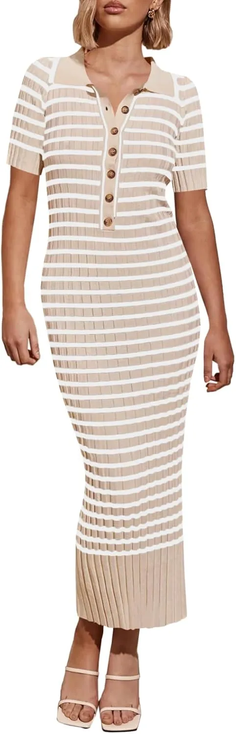 Saodimallsu Womens Bodycon Long Knit Dresses Summer Short Sleeve Striped V Neck Polo Elegant Midi Sweater Dress
