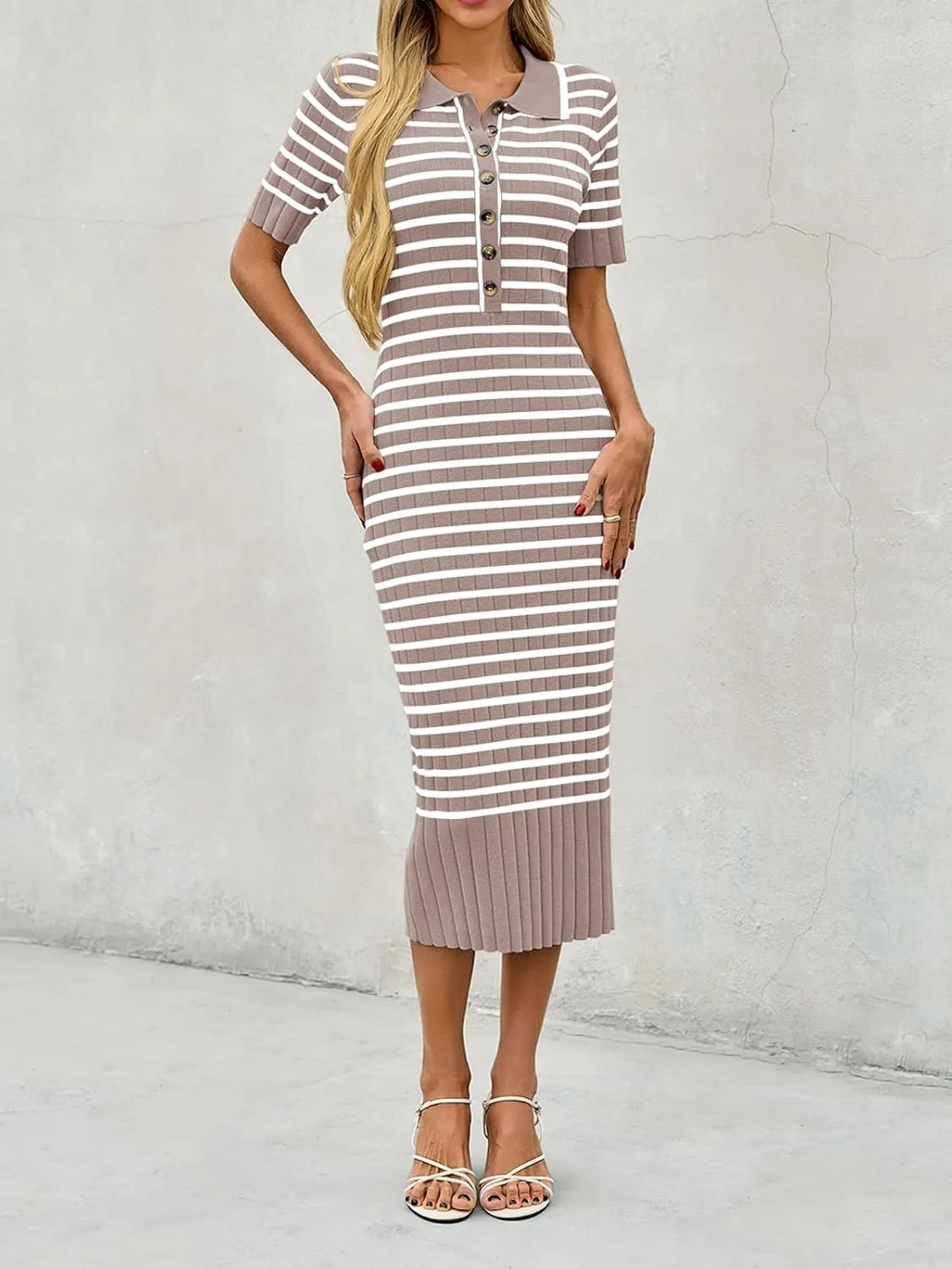 Saodimallsu Womens Bodycon Long Knit Dresses Summer Short Sleeve Striped V Neck Polo Elegant Midi Sweater Dress