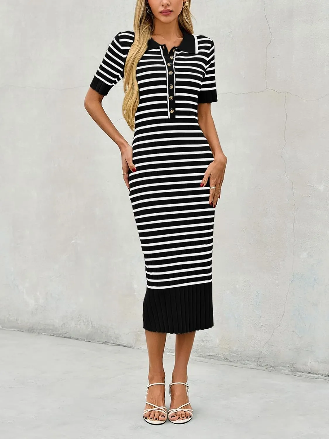 Saodimallsu Womens Bodycon Long Knit Dresses Summer Short Sleeve Striped V Neck Polo Elegant Midi Sweater Dress