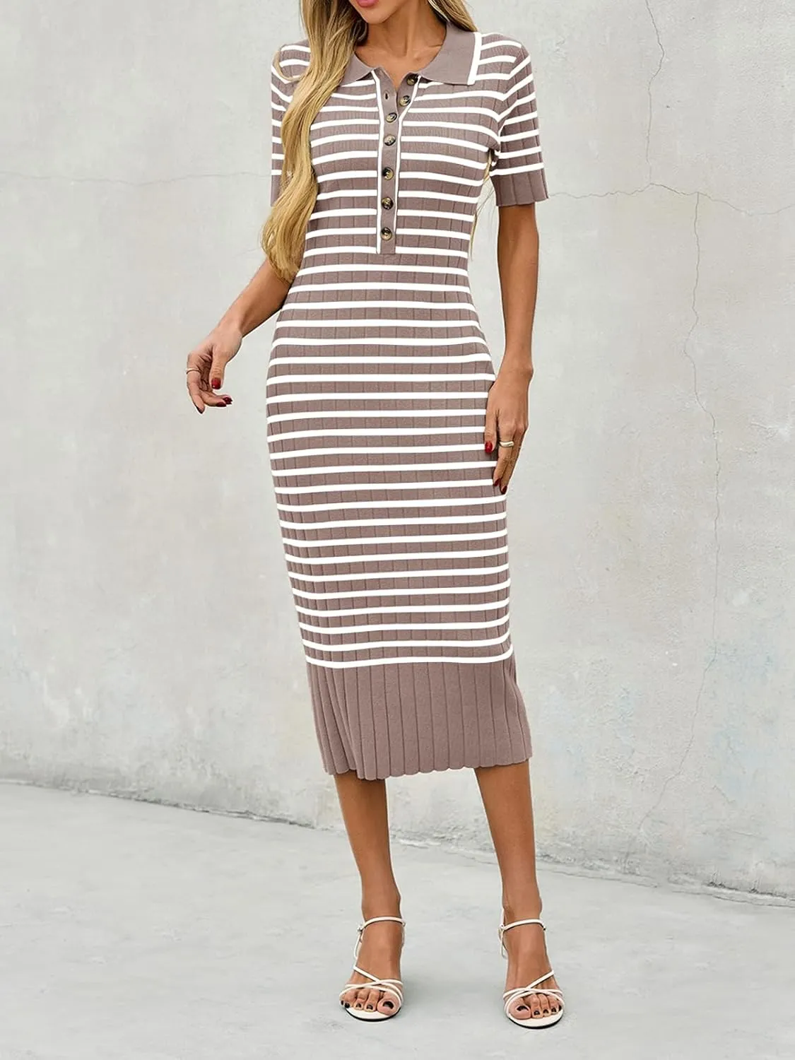 Saodimallsu Womens Bodycon Long Knit Dresses Summer Short Sleeve Striped V Neck Polo Elegant Midi Sweater Dress