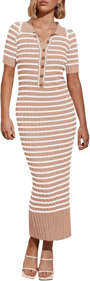 Saodimallsu Womens Bodycon Long Knit Dresses Summer Short Sleeve Striped V Neck Polo Elegant Midi Sweater Dress