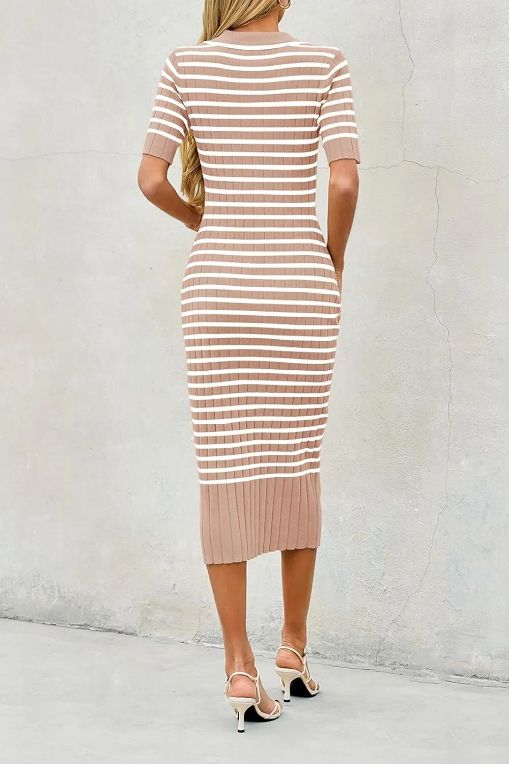 Saodimallsu Womens Bodycon Long Knit Dresses Summer Short Sleeve Striped V Neck Polo Elegant Midi Sweater Dress