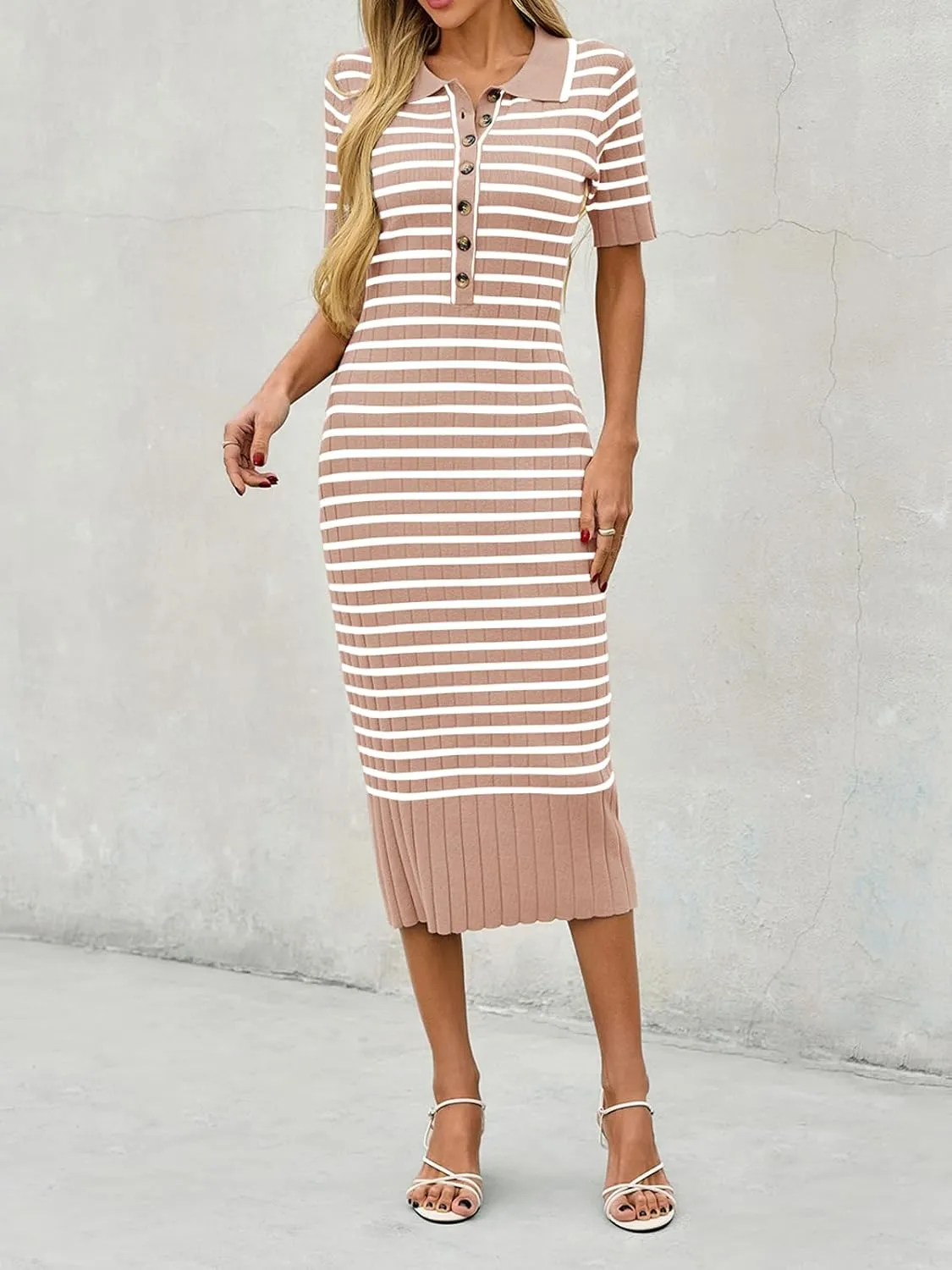 Saodimallsu Womens Bodycon Long Knit Dresses Summer Short Sleeve Striped V Neck Polo Elegant Midi Sweater Dress