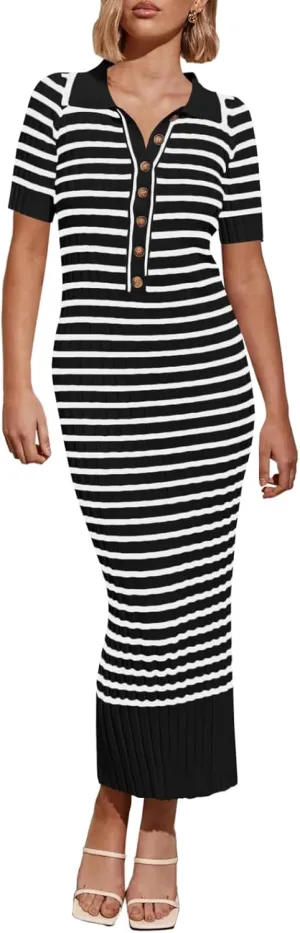 Saodimallsu Womens Bodycon Long Knit Dresses Summer Short Sleeve Striped V Neck Polo Elegant Midi Sweater Dress