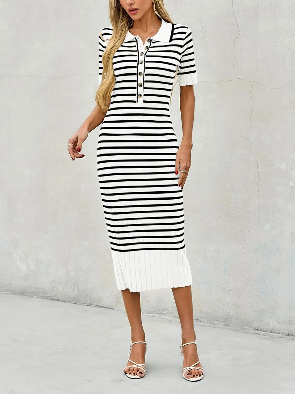Saodimallsu Womens Bodycon Long Knit Dresses Summer Short Sleeve Striped V Neck Polo Elegant Midi Sweater Dress