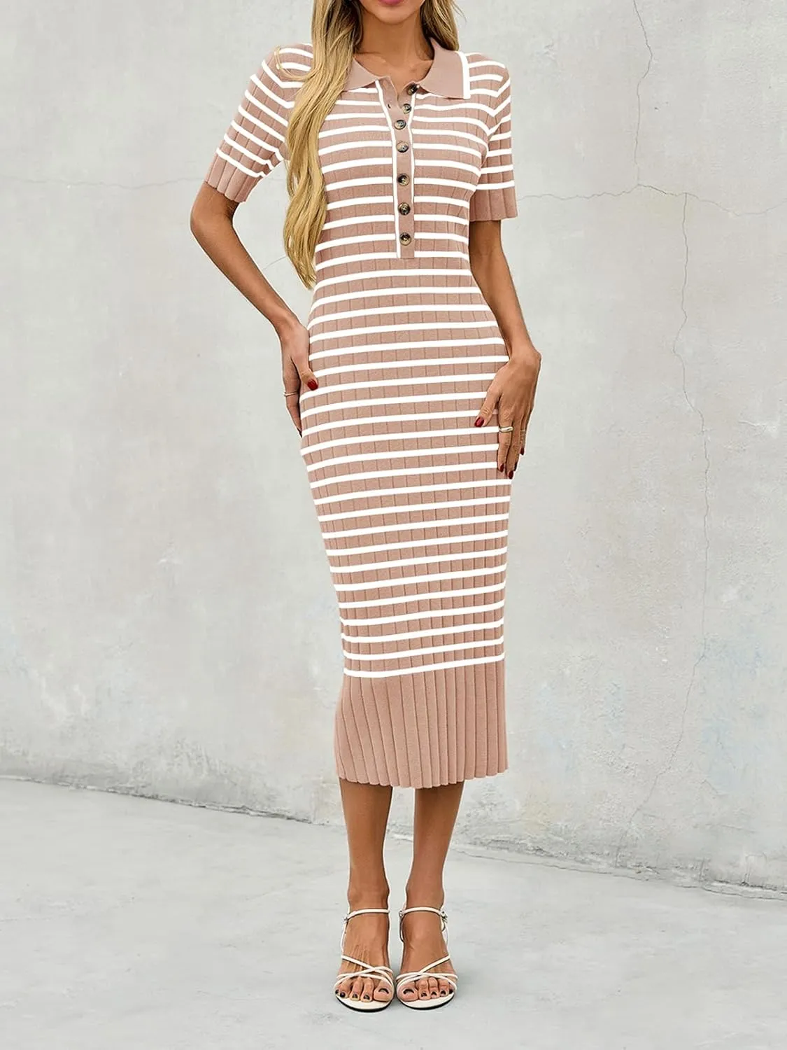 Saodimallsu Womens Bodycon Long Knit Dresses Summer Short Sleeve Striped V Neck Polo Elegant Midi Sweater Dress