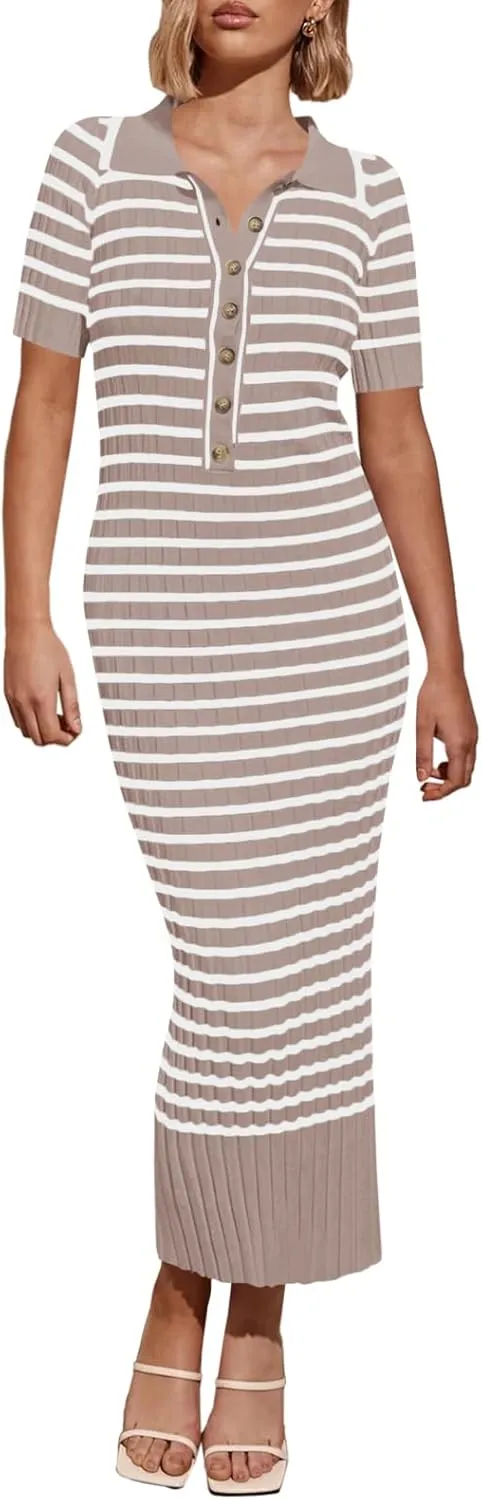 Saodimallsu Womens Bodycon Long Knit Dresses Summer Short Sleeve Striped V Neck Polo Elegant Midi Sweater Dress