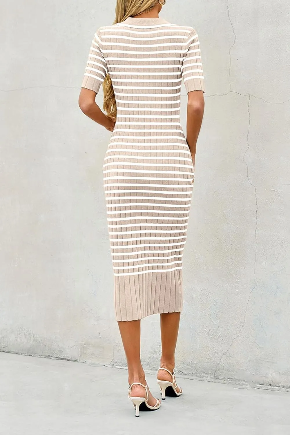 Saodimallsu Womens Bodycon Long Knit Dresses Summer Short Sleeve Striped V Neck Polo Elegant Midi Sweater Dress