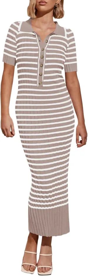 Saodimallsu Womens Bodycon Long Knit Dresses Summer Short Sleeve Striped V Neck Polo Elegant Midi Sweater Dress