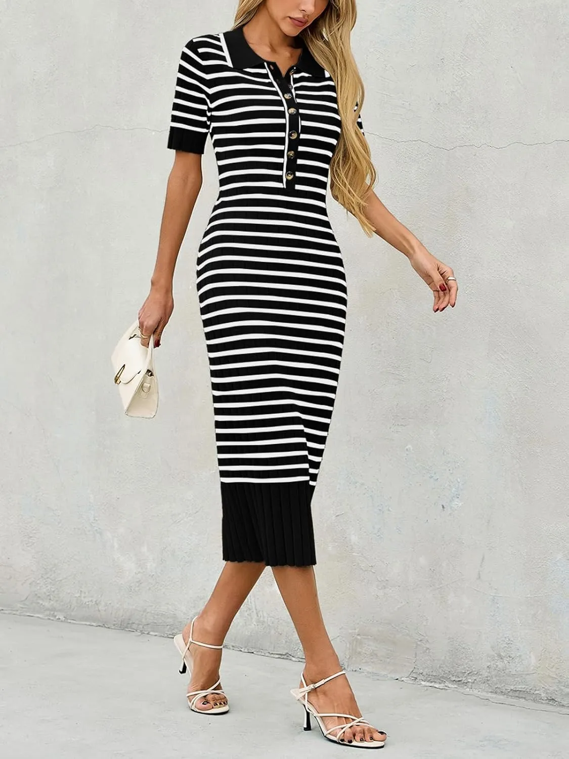 Saodimallsu Womens Bodycon Long Knit Dresses Summer Short Sleeve Striped V Neck Polo Elegant Midi Sweater Dress