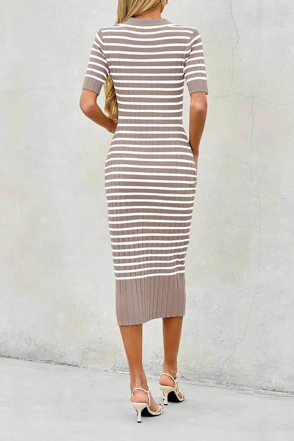 Saodimallsu Womens Bodycon Long Knit Dresses Summer Short Sleeve Striped V Neck Polo Elegant Midi Sweater Dress