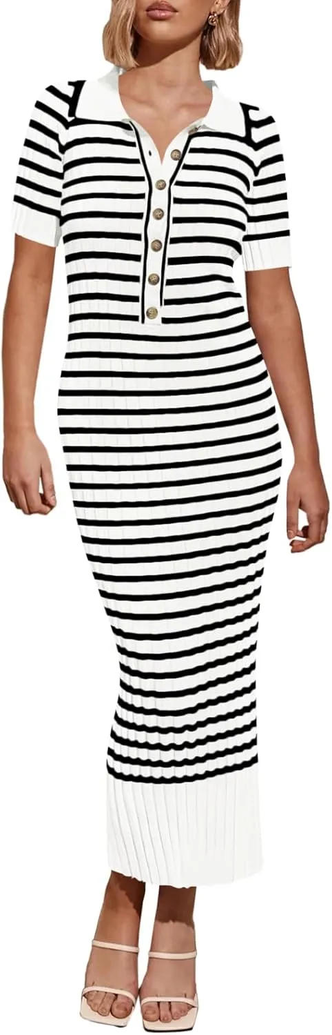 Saodimallsu Womens Bodycon Long Knit Dresses Summer Short Sleeve Striped V Neck Polo Elegant Midi Sweater Dress