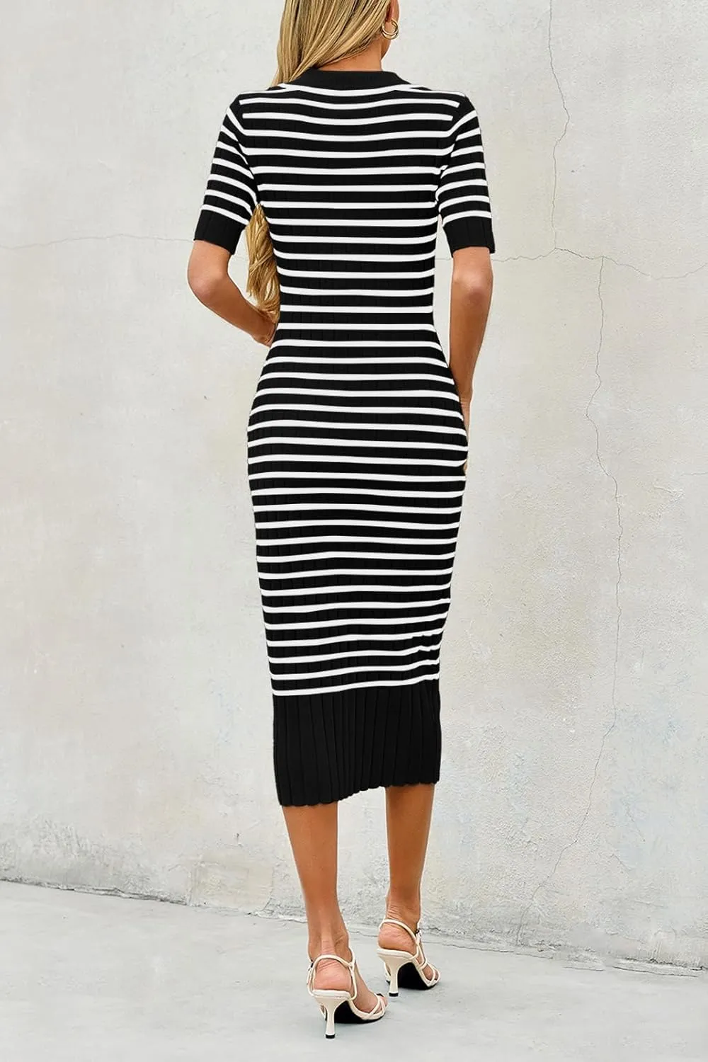 Saodimallsu Womens Bodycon Long Knit Dresses Summer Short Sleeve Striped V Neck Polo Elegant Midi Sweater Dress