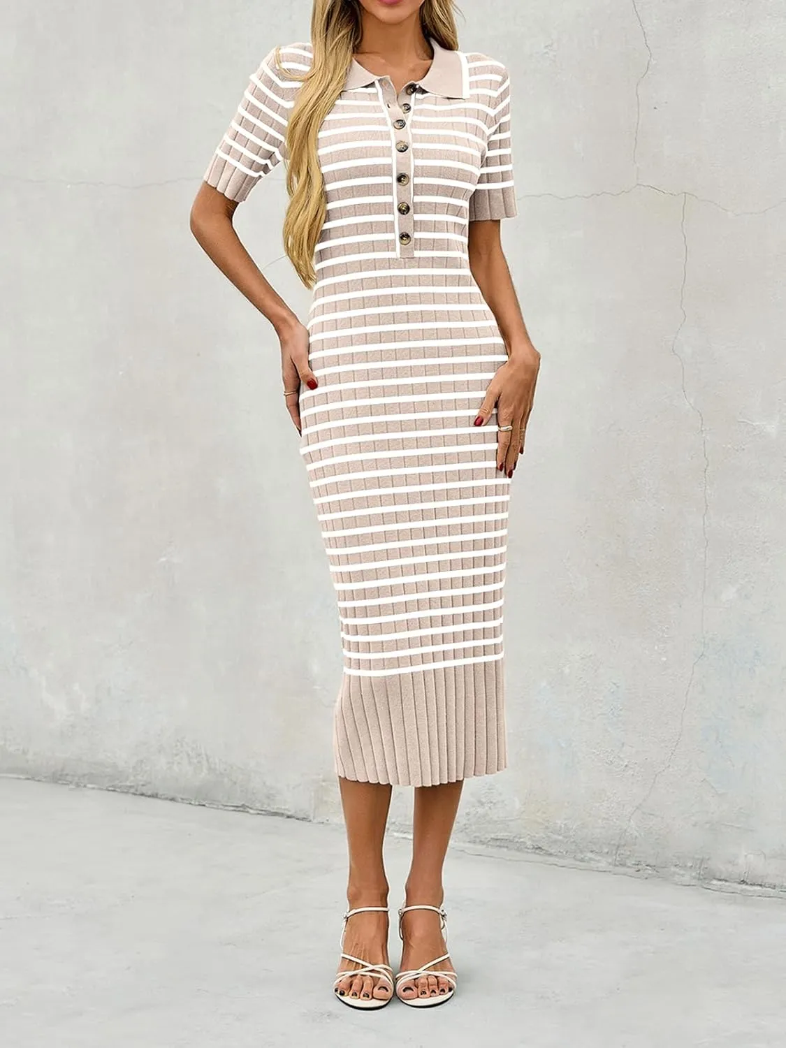 Saodimallsu Womens Bodycon Long Knit Dresses Summer Short Sleeve Striped V Neck Polo Elegant Midi Sweater Dress