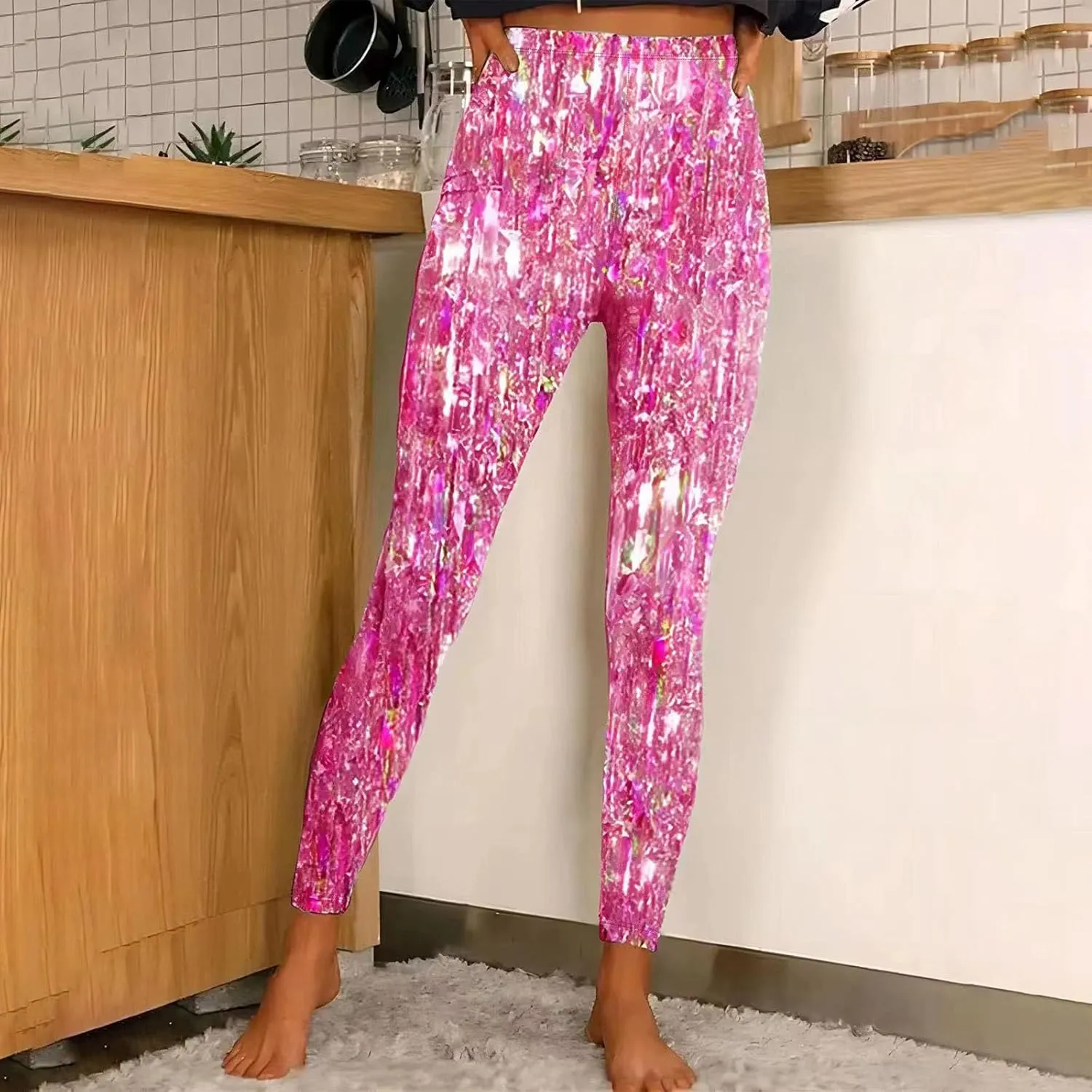 Sequin Print Pants Women Fashion Y2K Yoga Workout Leggings Stretch High Waisted Elastic Streetwear Cozy Lounge Slacks