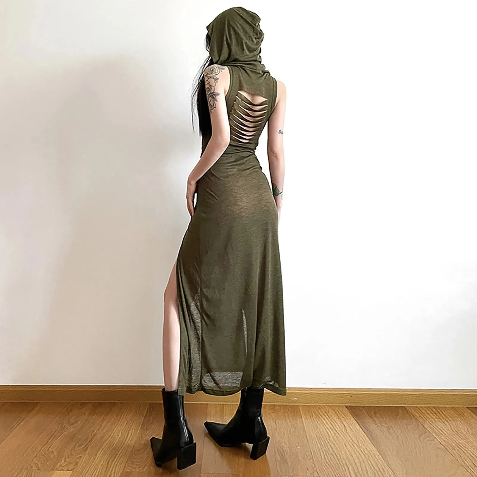 Sexy Y2K High Street Mesh Sleeveless Split Party Casual Gothic Dress