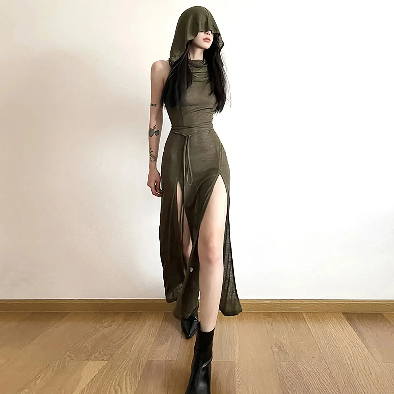 Sexy Y2K High Street Mesh Sleeveless Split Party Casual Gothic Dress