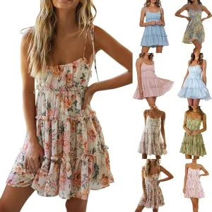 Short Summer Dresses for Women 2025 Chiffon Spaghetti Strap Floral Mini Dress Flowy Tiered Ruffed Hem Boho Sundress