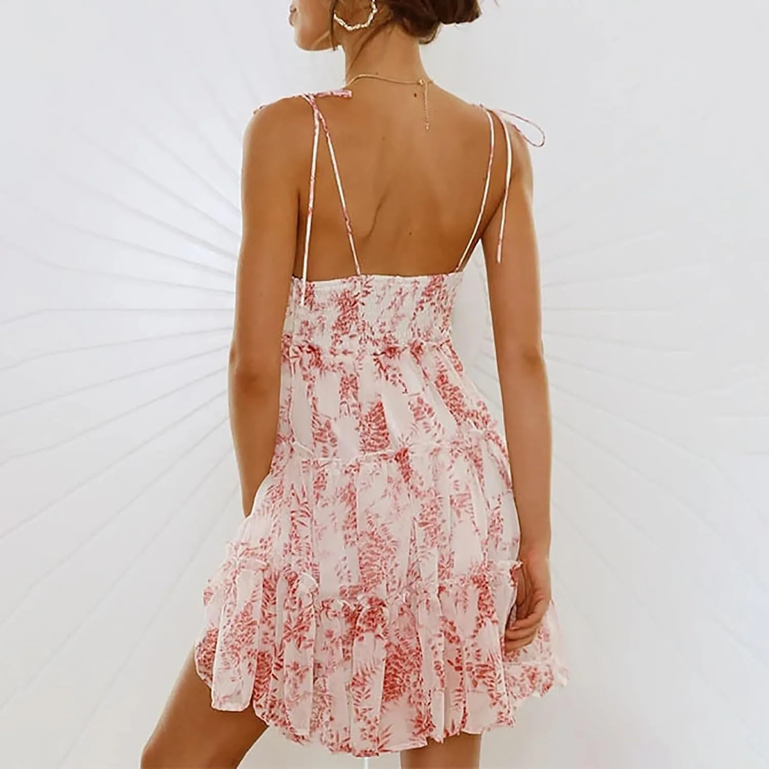 Short Summer Dresses for Women 2025 Chiffon Spaghetti Strap Floral Mini Dress Flowy Tiered Ruffed Hem Boho Sundress