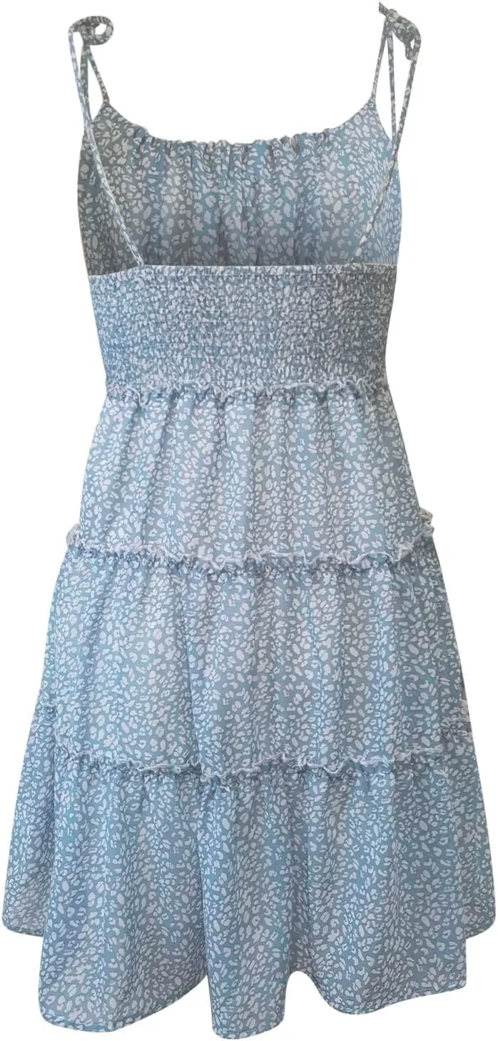 Short Summer Dresses for Women 2025 Chiffon Spaghetti Strap Floral Mini Dress Flowy Tiered Ruffed Hem Boho Sundress