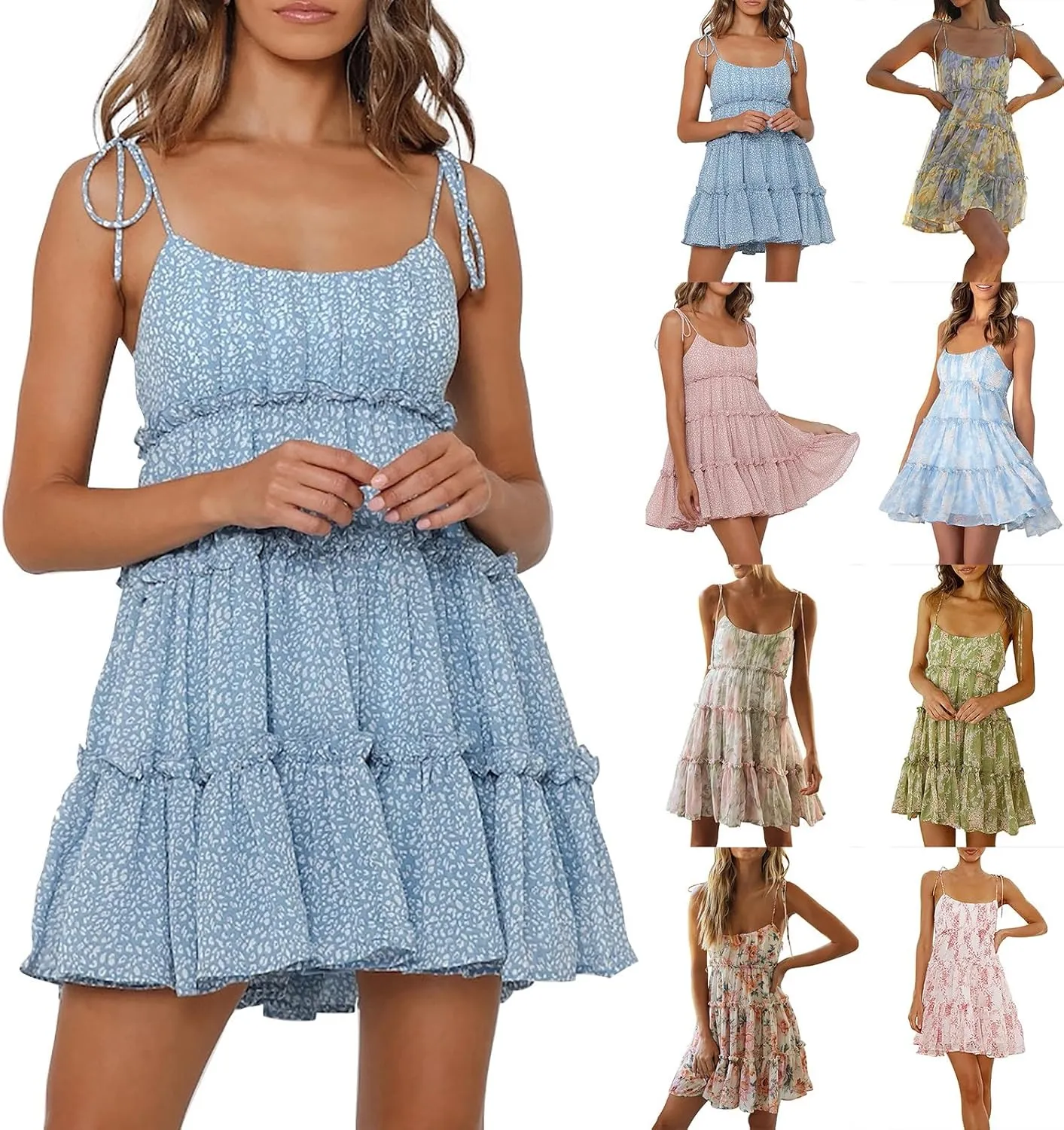 Short Summer Dresses for Women 2025 Chiffon Spaghetti Strap Floral Mini Dress Flowy Tiered Ruffed Hem Boho Sundress