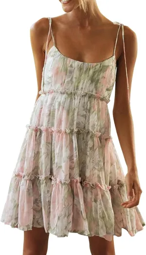 Short Summer Dresses for Women 2025 Chiffon Spaghetti Strap Floral Mini Dress Flowy Tiered Ruffed Hem Boho Sundress