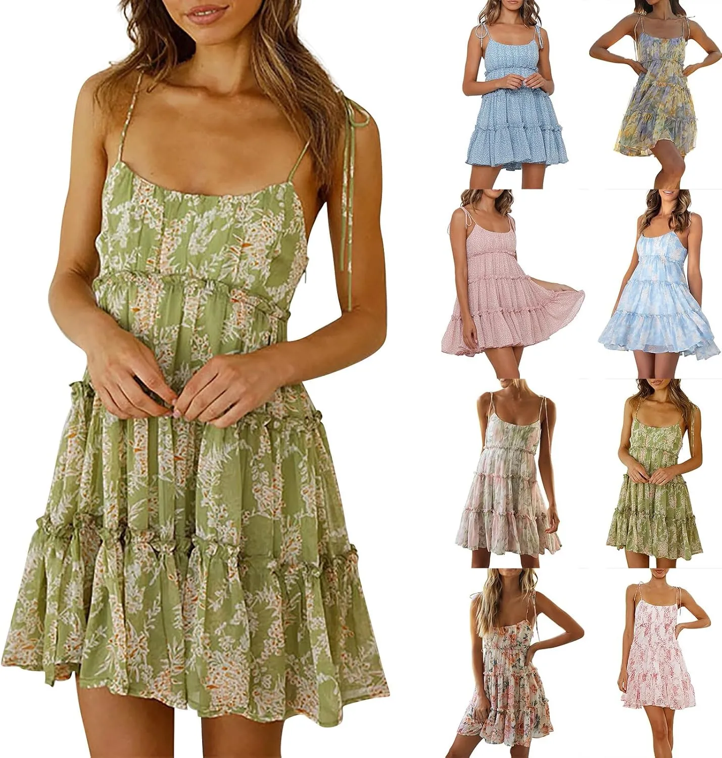 Short Summer Dresses for Women 2025 Chiffon Spaghetti Strap Floral Mini Dress Flowy Tiered Ruffed Hem Boho Sundress