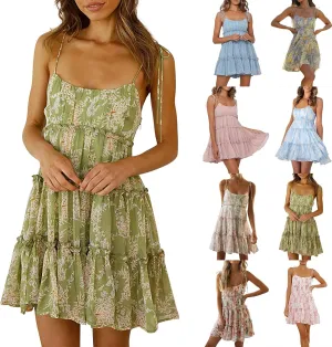 Short Summer Dresses for Women 2025 Chiffon Spaghetti Strap Floral Mini Dress Flowy Tiered Ruffed Hem Boho Sundress