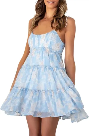 Short Summer Dresses for Women 2025 Chiffon Spaghetti Strap Floral Mini Dress Flowy Tiered Ruffed Hem Boho Sundress