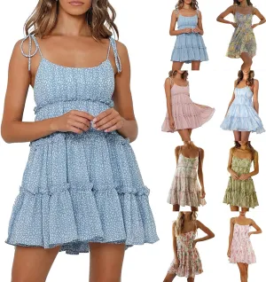 Short Summer Dresses for Women 2025 Chiffon Spaghetti Strap Floral Mini Dress Flowy Tiered Ruffed Hem Boho Sundress