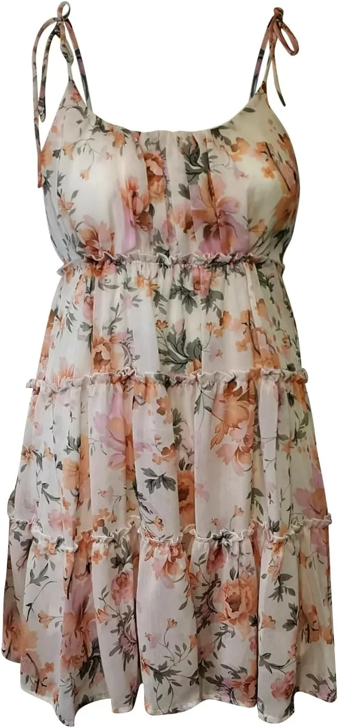 Short Summer Dresses for Women 2025 Chiffon Spaghetti Strap Floral Mini Dress Flowy Tiered Ruffed Hem Boho Sundress