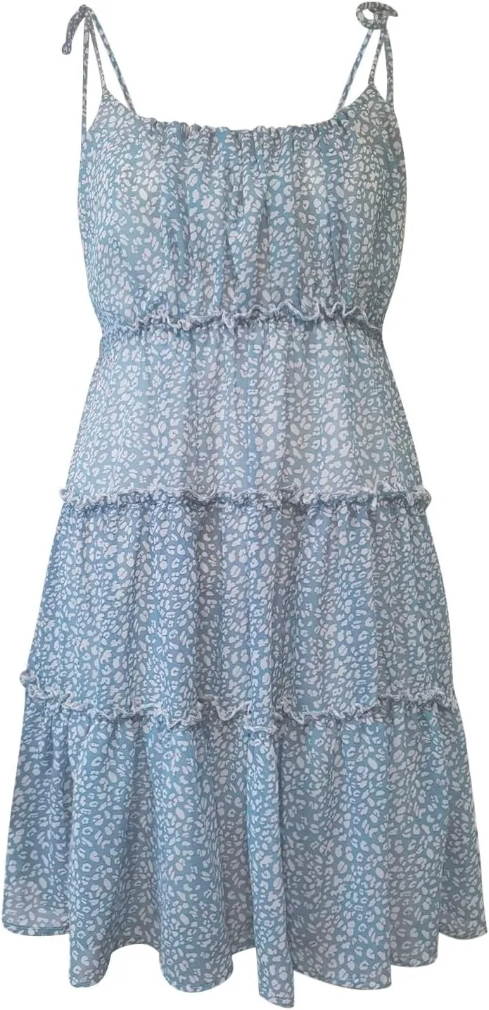 Short Summer Dresses for Women 2025 Chiffon Spaghetti Strap Floral Mini Dress Flowy Tiered Ruffed Hem Boho Sundress