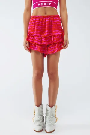 Shorts With Frilly Hem In Zebra Print In Orange And Fuchsia