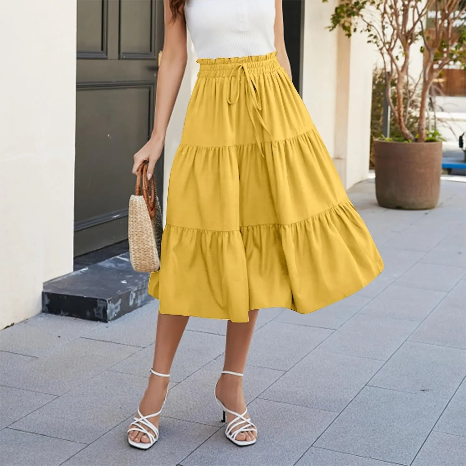 Skirts for Women Summer Drawstring High Waist Midi Skirt Loose Aline Solid Color Tiered Ruffle Knee Length Skirt