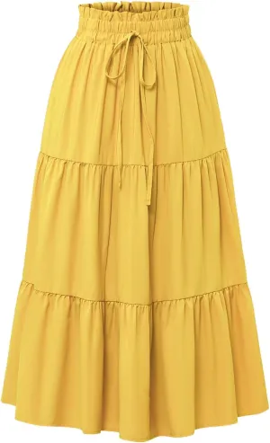 Skirts for Women Summer Drawstring High Waist Midi Skirt Loose Aline Solid Color Tiered Ruffle Knee Length Skirt