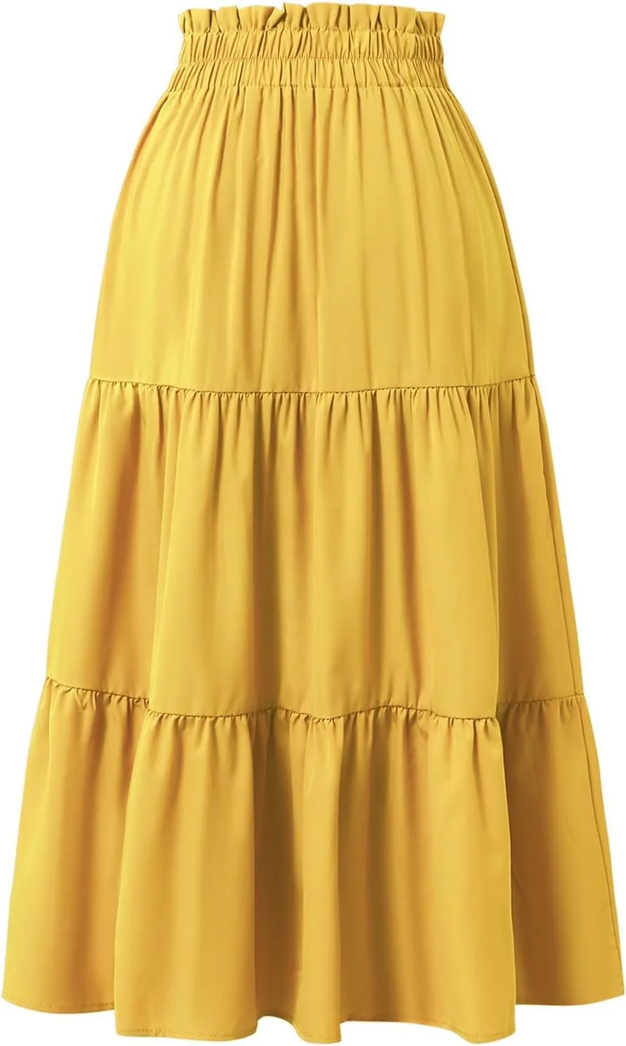 Skirts for Women Summer Drawstring High Waist Midi Skirt Loose Aline Solid Color Tiered Ruffle Knee Length Skirt