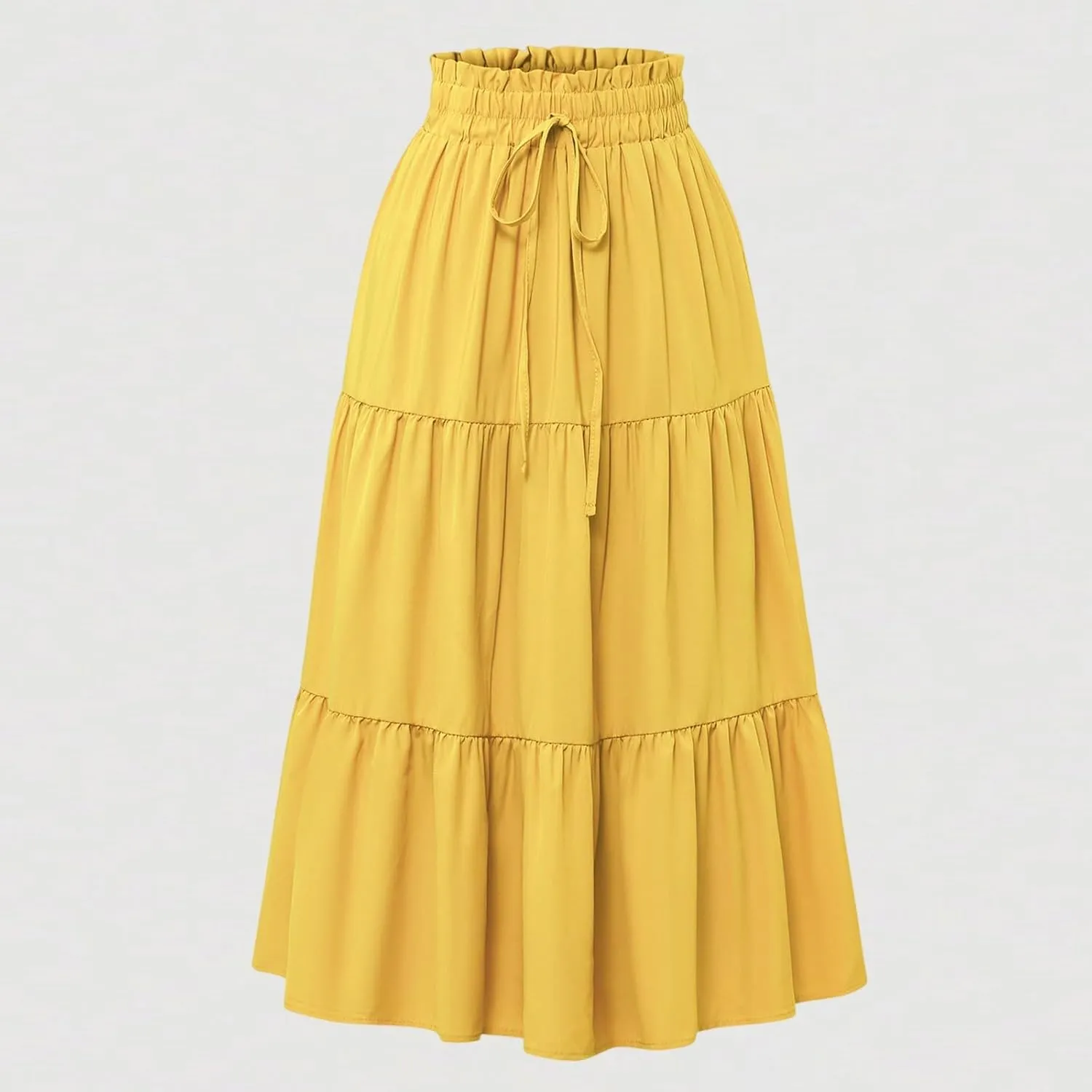 Skirts for Women Summer Drawstring High Waist Midi Skirt Loose Aline Solid Color Tiered Ruffle Knee Length Skirt