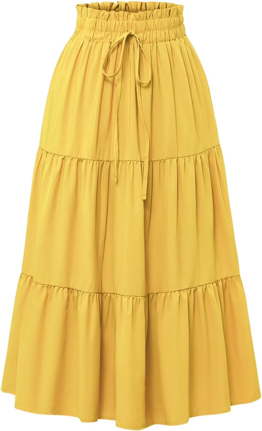 Skirts for Women Summer Drawstring High Waist Midi Skirt Loose Aline Solid Color Tiered Ruffle Knee Length Skirt