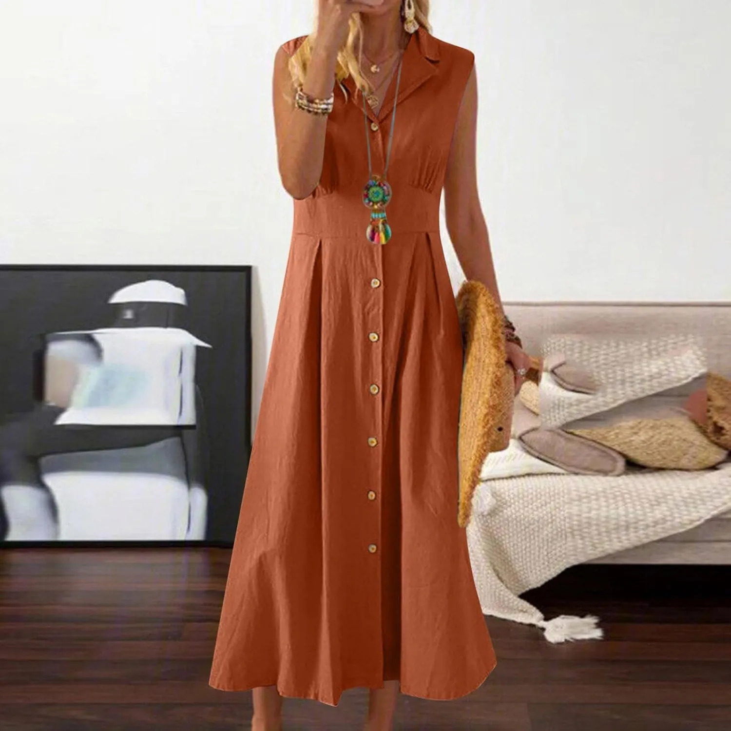 Sleeveless Dresses for Women Full Button Down Collared Cotton Linen Long Dresses Flowy Pleated Business Work Dress