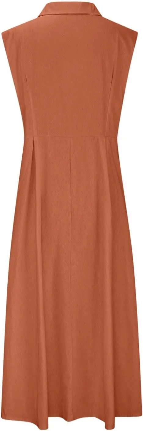 Sleeveless Dresses for Women Full Button Down Collared Cotton Linen Long Dresses Flowy Pleated Business Work Dress