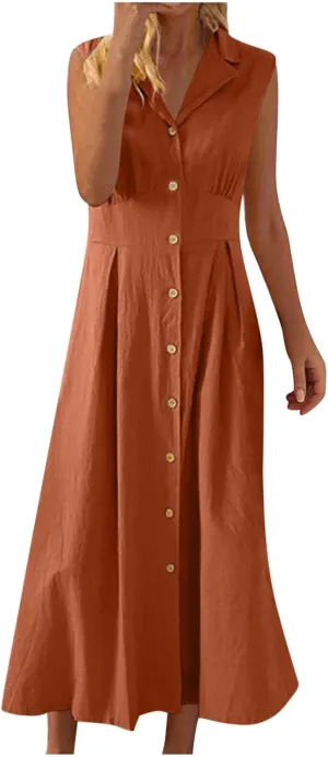Sleeveless Dresses for Women Full Button Down Collared Cotton Linen Long Dresses Flowy Pleated Business Work Dress