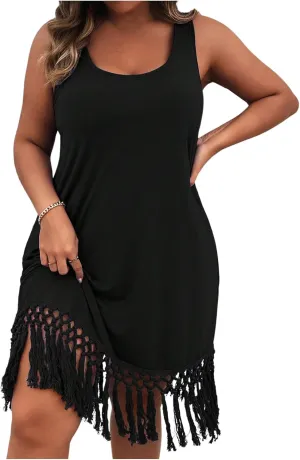SOLY HUX Women's Plus Size Boho Summer Fringe Trim Sleeveless Tank Dress Beach Vacation Midi Dresses