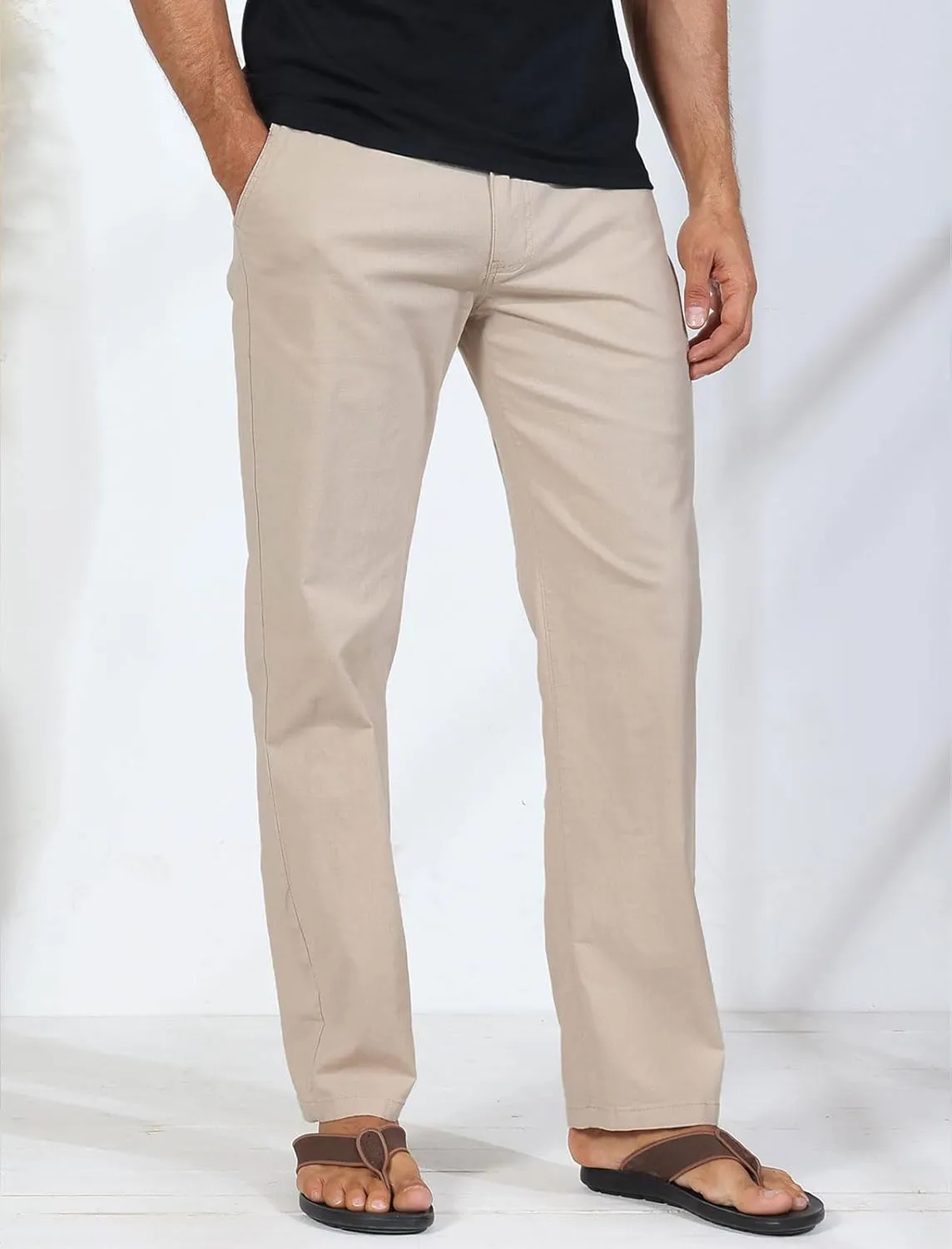 Soojun Men's Casual Linen Blend Relaxed Fit Straight Legs Elastic Waist Pants