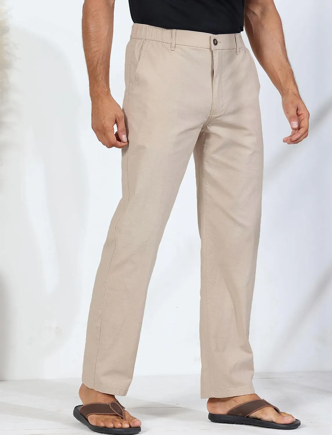 Soojun Men's Casual Linen Blend Relaxed Fit Straight Legs Elastic Waist Pants