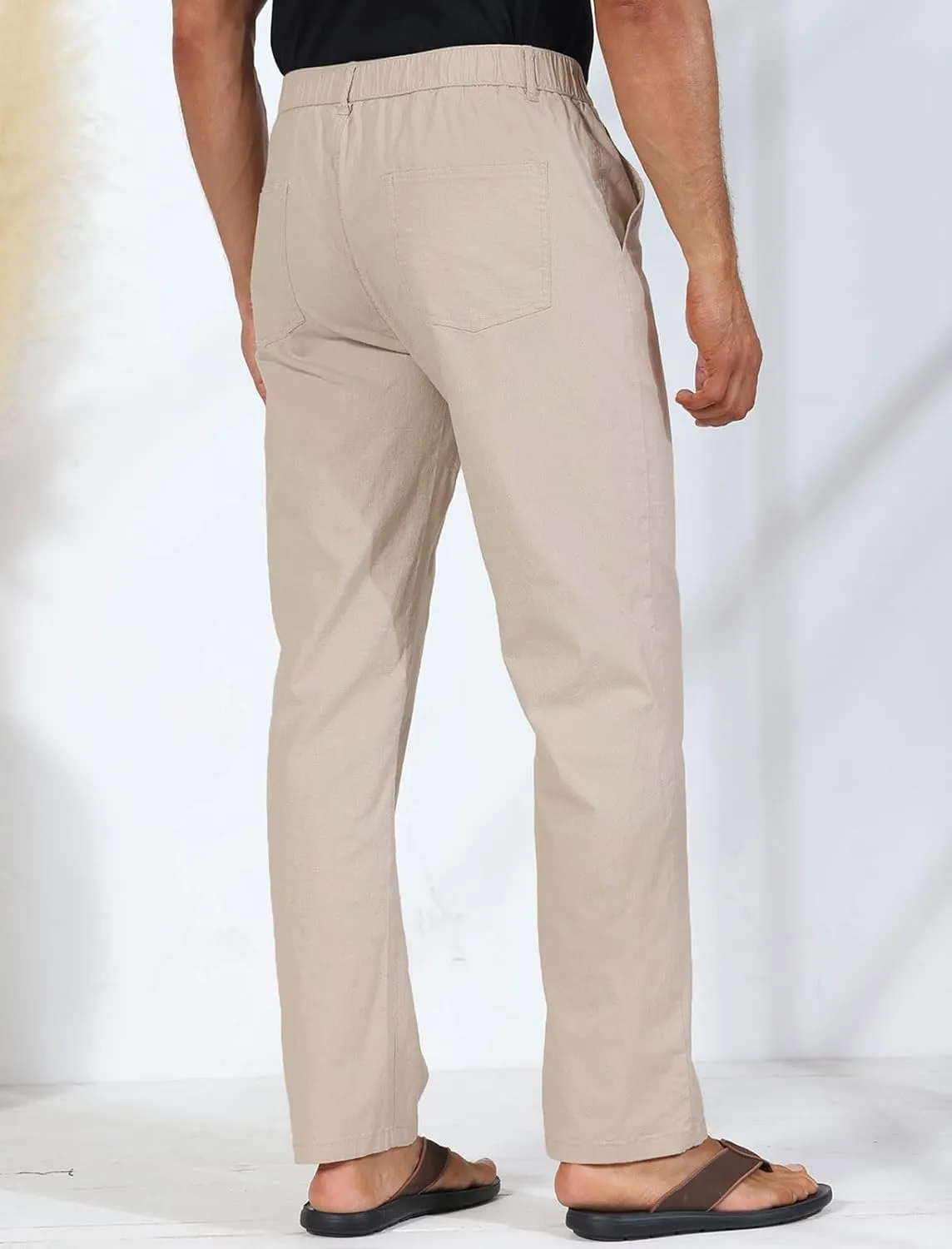 Soojun Men's Casual Linen Blend Relaxed Fit Straight Legs Elastic Waist Pants