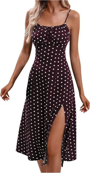 Spaghetti Strap Dresses for Women 2025 Polka Dot Dress Trendy Sleeveless Slit Summer Sundress Beach Holiday Sexy Dress